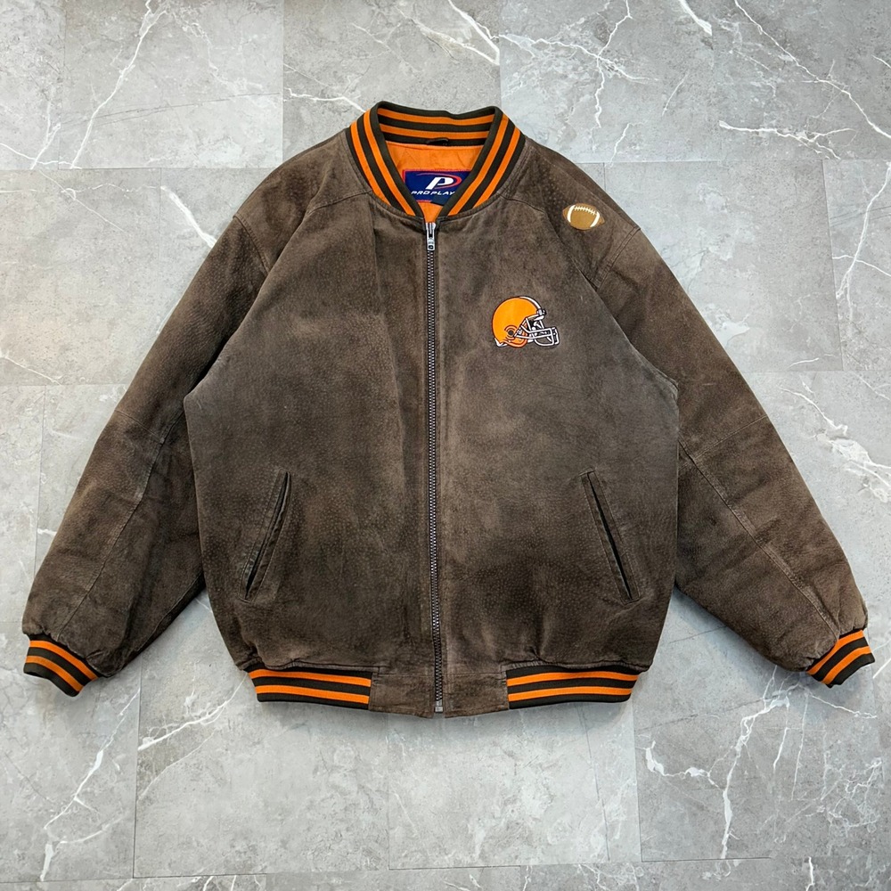 90s Vintage Cleveland Browns Jacket Men Large Suede Leather Full Zip Bomber Coat